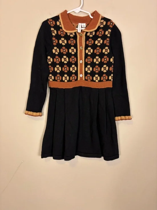 Janie and Jack Black Collared Long Sleeve Dress with Rust and Cream Floral Yoke - Picture 1 of 6